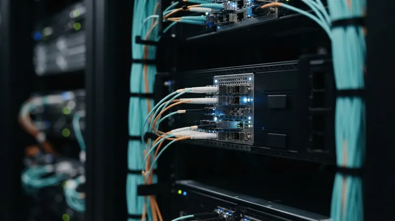 Close-up view of glowing fiber optic cables plugged into a high-tech server module in a data center.