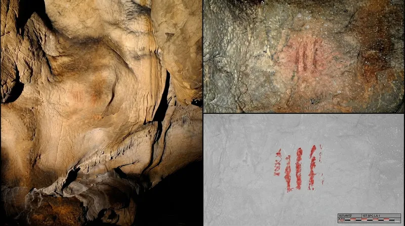 Archaeologists working in a dimly lit limestone cave, carefully excavating layers of sediment within a marked grid.