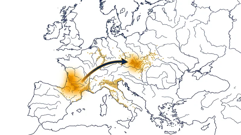Genetic modeling indicates that eastern and western populations exchanged genes between 32,500 and 31,500 years ago.