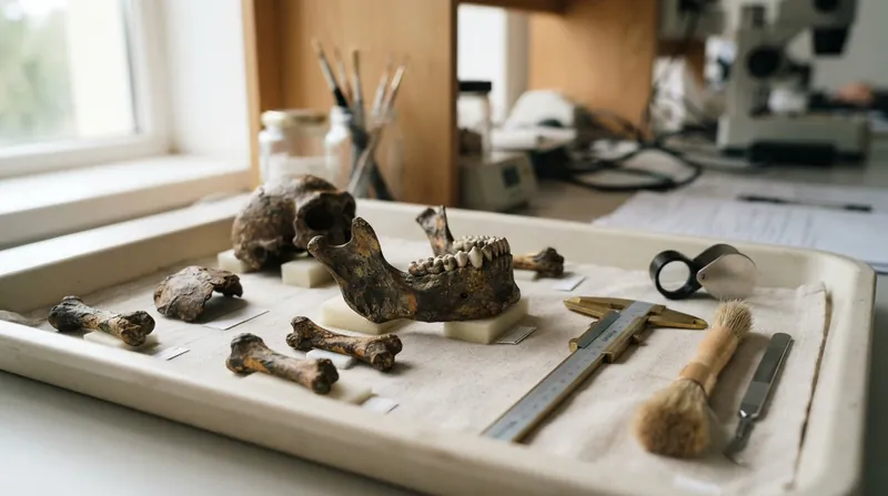 Paleontologists carefully brushing dirt from ancient fossilized bone fragments in an excavation trench.