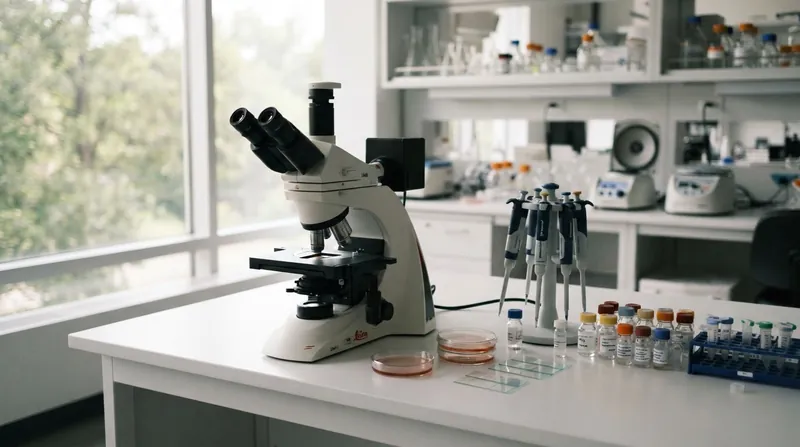 A female scientist in a white lab coat examining medical imaging on a glowing monitor in a laboratory.