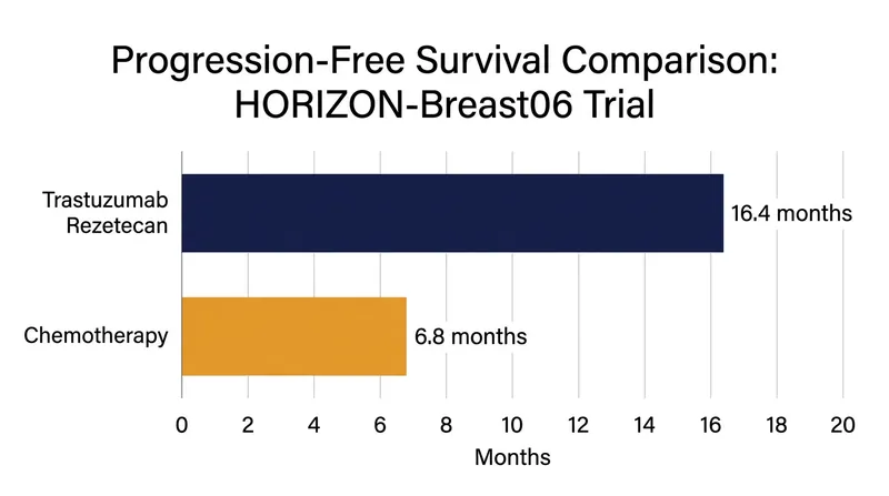 The HORIZON-Breast06 trial showed trastuzumab rezetecan extended median progression-free survival to 16.4 months in the overall HER2-low population.