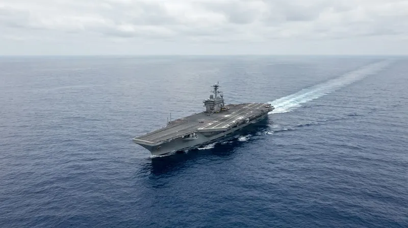 Aerial view of the Chinese aircraft carrier Liaoning sailing through the ocean escorted by destroyers.