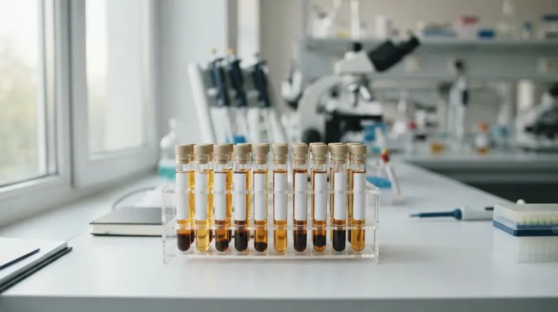 A glowing blood sample vial in a sterile laboratory setting with out-of-focus mass spectrometry equipment.