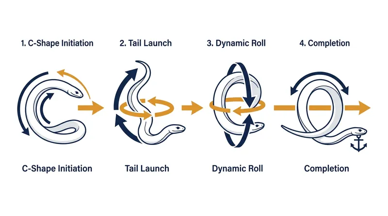 The snake alternates which side of its body strikes the ground, allowing it to roll continuously while keeping its head stable.