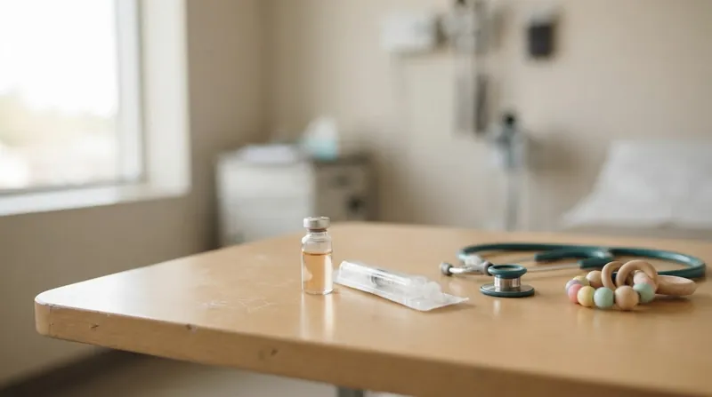 A pediatrician in a brightly lit modern clinic gently administering a vaccine to a calm infant held by their mother.
