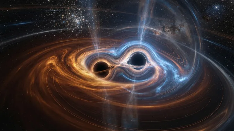 Conceptual illustration of a rapidly spinning black hole stretching and pinching in the center.