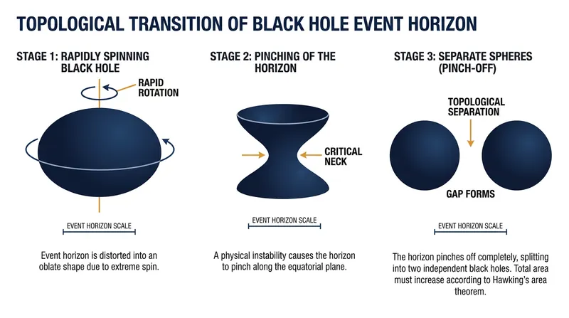 The mathematical stages of a black hole horizon fracturing under extreme angular momentum.