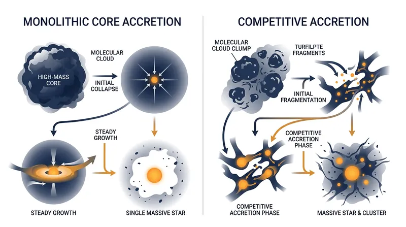 Astrophysicists debate whether massive stars collapse directly from a single dense core or grow gradually by accreting surrounding material.