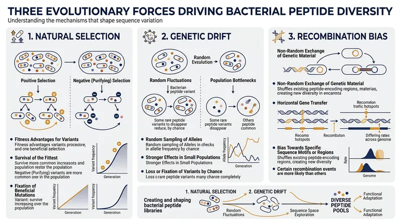 Bacterial peptide diversity is shaped by a complex interplay of adaptive and non-adaptive evolutionary forces.