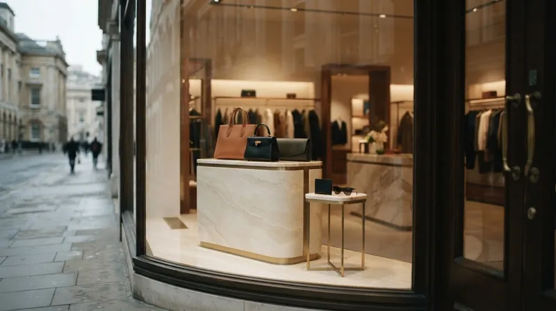 A sleek, modern luxury shopping district in an Asian metropolis at dusk, with glowing boutique windows.