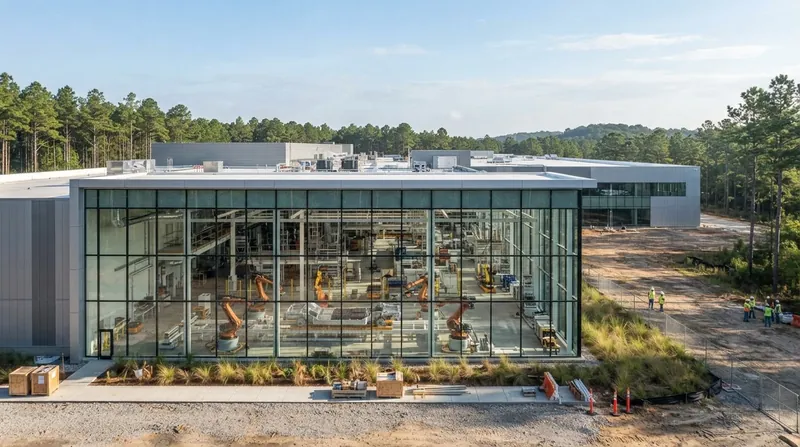 A modern automotive manufacturing facility under construction with steel framework and heavy machinery.