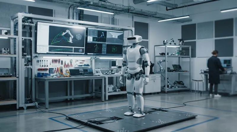A metallic humanoid robot stands in a brightly lit industrial testing facility surrounded by equipment.
