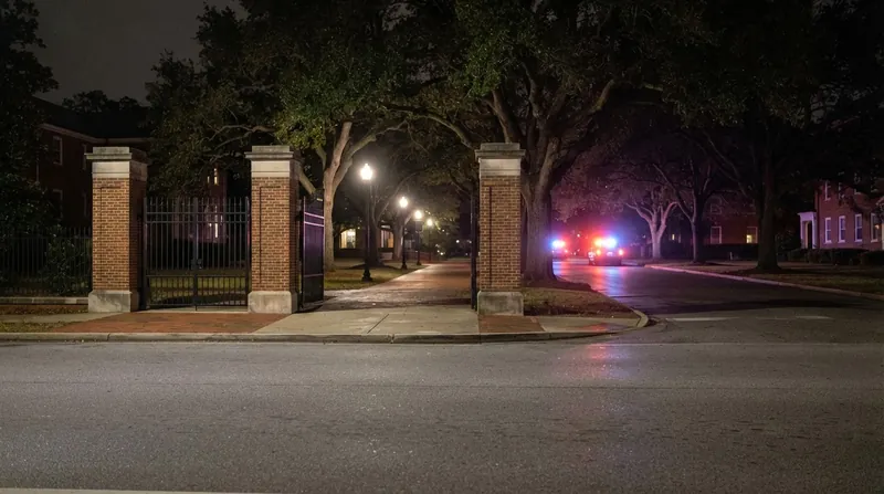 Yellow police tape blocks access to a large football stadium illuminated by emergency lights at night.