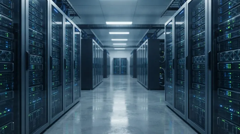 A modern server room with glowing blue and amber lights illuminating rows of sleek server racks.