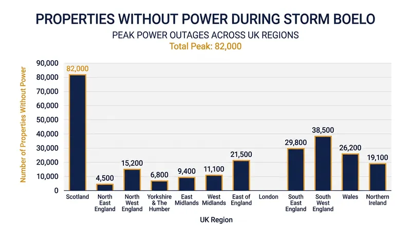 Power outages peaked at more than 82,000 properties across the UK.