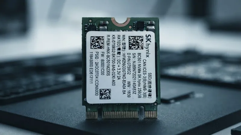 Close-up macro photograph of a complex silicon wafer and SSD controller chip glowing with blue and amber light.