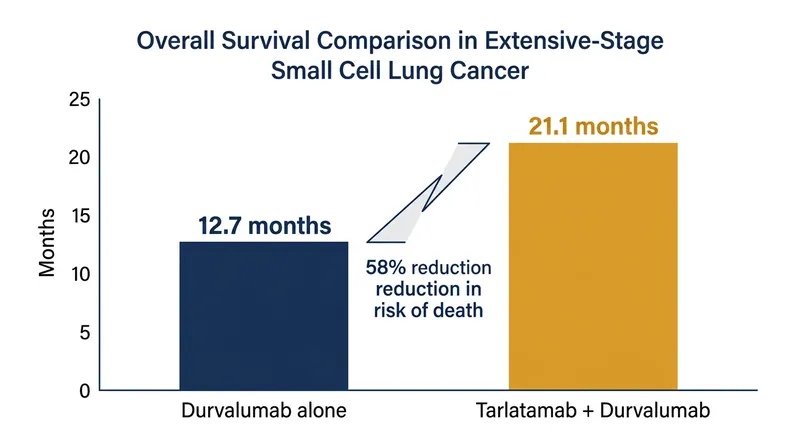 Adding tarlatamab to durvalumab maintenance extended median overall survival by more than eight months.