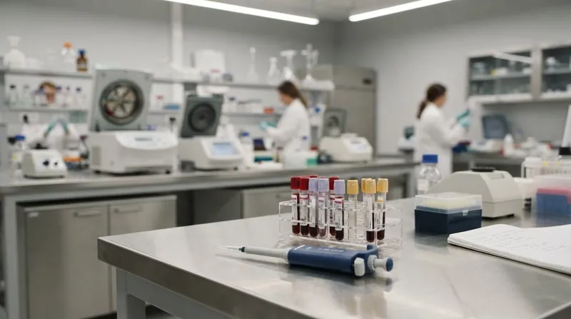 A gloved researcher in a brightly lit laboratory holds up a glowing vial of blood for inspection.