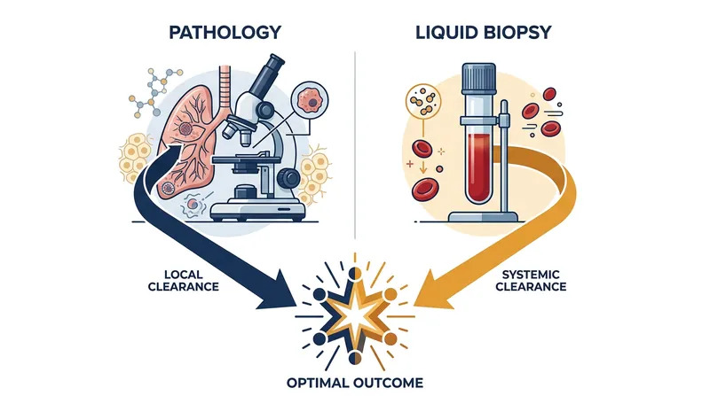 Tissue pathology confirms the local tumor is gone, while a clear blood test suggests the cancer has been eliminated systemically.