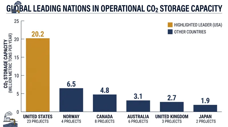 The United States currently leads global deployment of geological carbon storage.