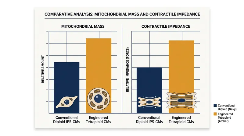 Engineered tetraploid cells exhibit significantly higher mitochondrial mass and stronger contractile force than conventional diploid cells.