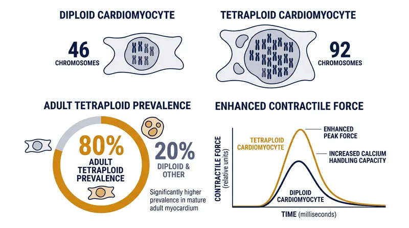 Tetraploid cardiomyocytes contain four sets of chromosomes, mirroring the natural state of 80 percent of adult human heart cells.
