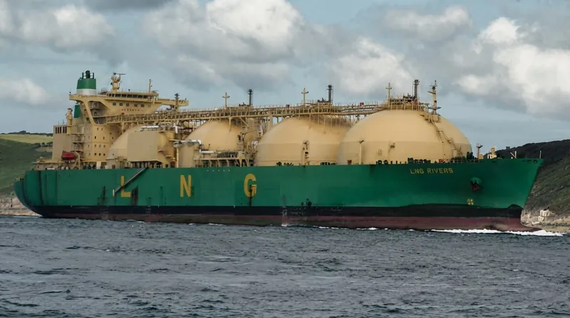 A massive commercial liquefied natural gas tanker ship docked at an industrial coastal loading terminal.