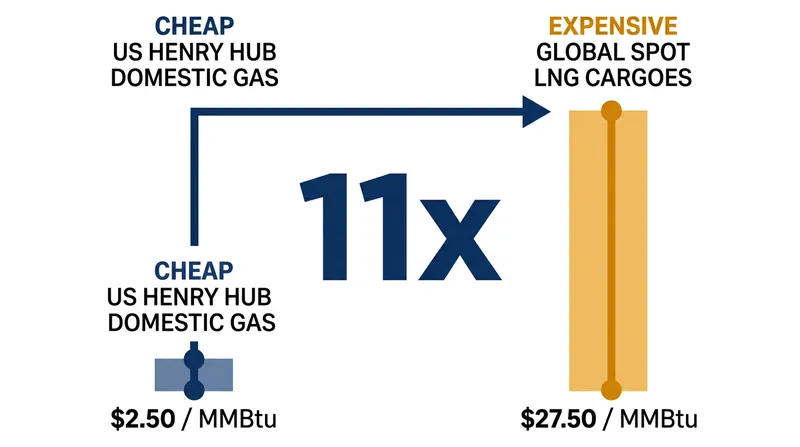 An 11-to-1 price disparity between US domestic gas and global spot cargoes makes the arbitrage highly profitable.