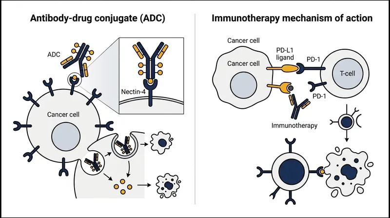 The combination therapy uses a targeted conjugate to damage the tumor while immunotherapy activates the body's T-cells to clear the remaining disease.