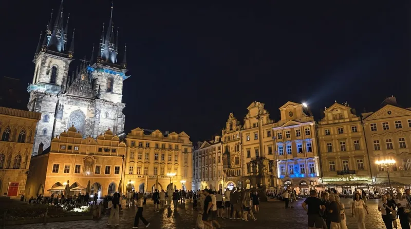 A massive crowd of protesters holding signs and flags in Prague's Old Town Square.