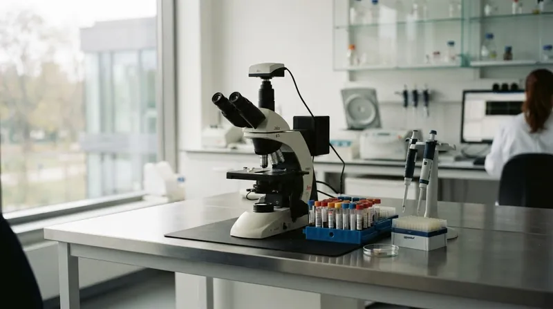 Microscopic view of glowing brown adipose tissue cells in a high-tech laboratory setting.