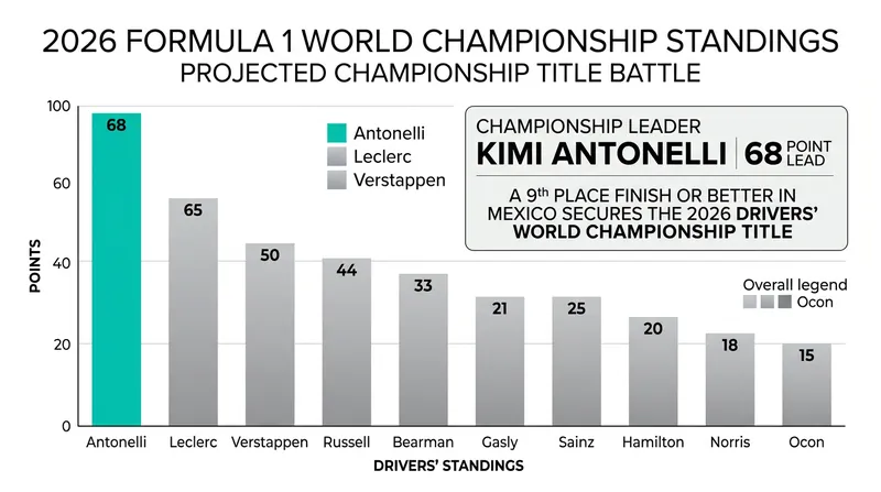 Antonelli holds a commanding 68-point advantage in the drivers' standings heading into the Mexico City Grand Prix.