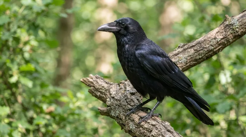 A close-up of a black carrion crow perched on a branch in a natural green setting.