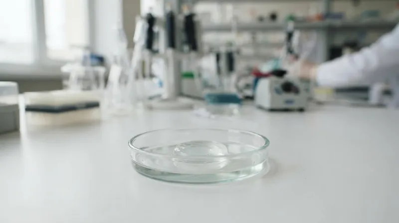 A pair of laboratory tweezers holding a translucent, stretchy hydrogel sample against a sterile background.