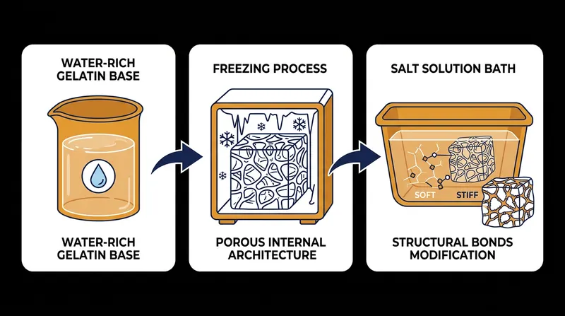 The material's stiffness is programmed using a specialized freezing process and salt solution baths.