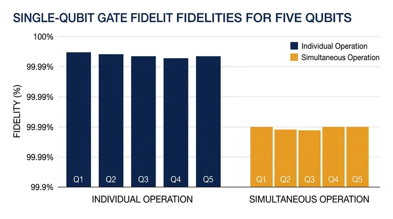 The pairwise calibration protocol allowed all five qubits to maintain a gate fidelity of 99.9 percent during simultaneous operation.