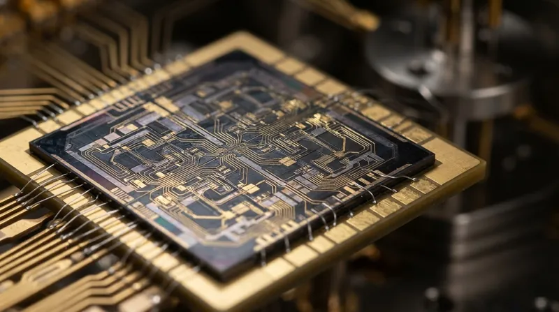 A macro photograph of a microscopic silicon quantum processor chip mounted on a gold cryogenic fixture.