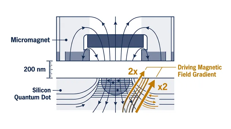 Future device designs propose halving the micromagnet gap to 200 nanometers, which simulations suggest will double the magnetic field gradient and halve the required microwave power.