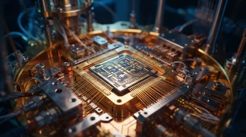 A complex superconducting quantum computing chip with gold wiring inside a cryogenic dilution refrigerator.