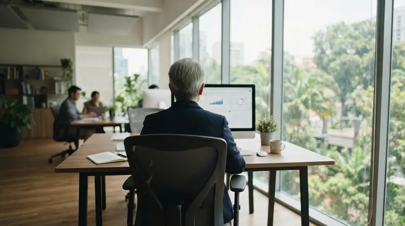 Older and younger professionals collaborating at a bright meeting table in a modern Singapore office.