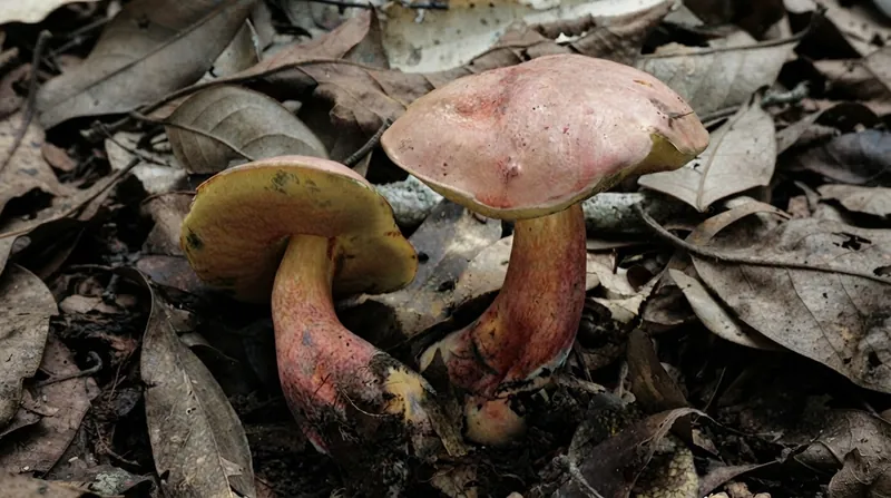 A reddish Lanmaoa asiatica bolete mushroom growing on a forest floor among pine needles.