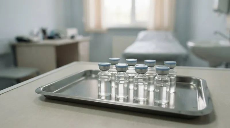 A medical professional in a bright European hospital oncology ward preparing a subcutaneous injection.