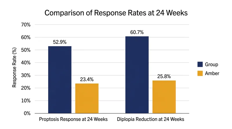 In the SatraGO-2 trial, patients receiving satralizumab showed significant improvements in both eye bulging and double vision compared to placebo.