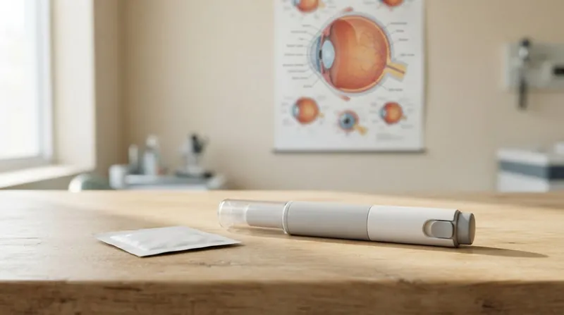 A close-up of a modern, prefilled subcutaneous injection pen resting on a clinical surface.