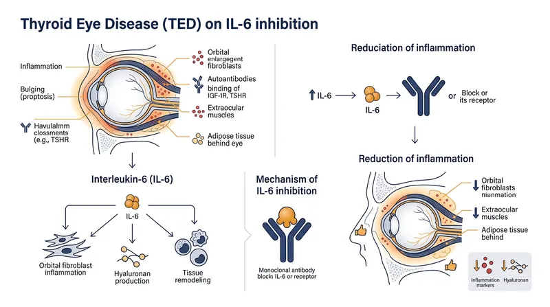 Satralizumab targets the IL-6 receptor to disrupt the inflammatory cascade that causes tissue swelling behind the eye.