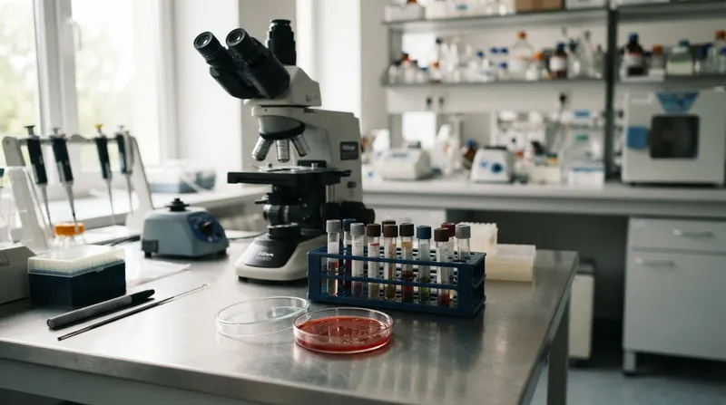 A laboratory technician in a sterile environment examines bacterial culture plates under bright lighting.