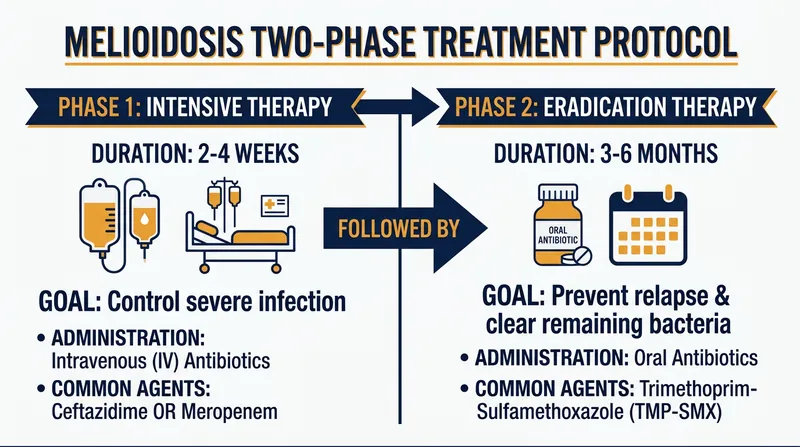 Treating melioidosis requires a prolonged, two-phase antibiotic regimen to prevent the bacteria from relapsing.
