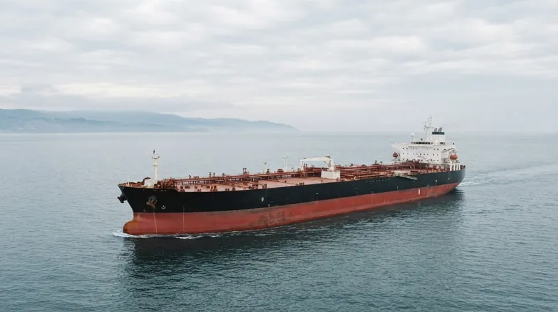 An oil tanker docked at a port terminal at dusk, surrounded by industrial infrastructure.