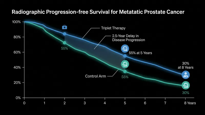 The addition of abiraterone delayed the progression of tumors visible on scans by an average of two and a half years.